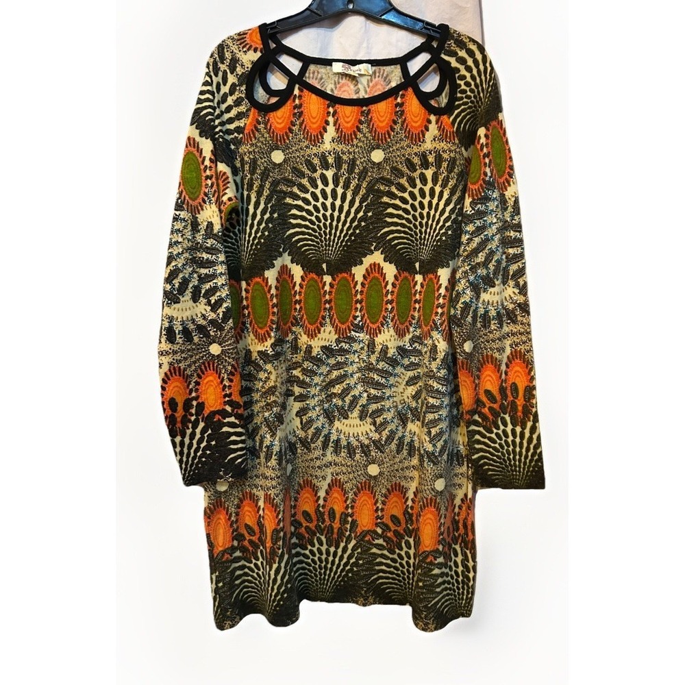 Aryeh Dress Sweater Womens Large Abstract Print Cutout Orange Black Artsy